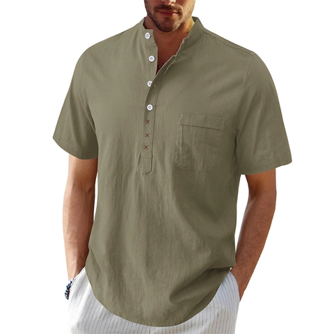 Men's Casual Linen Cotton Henley Shirt Vintage Short Sleeve Stand Collar Beach Shirt With Chest Pocket Solid Color Summer Top