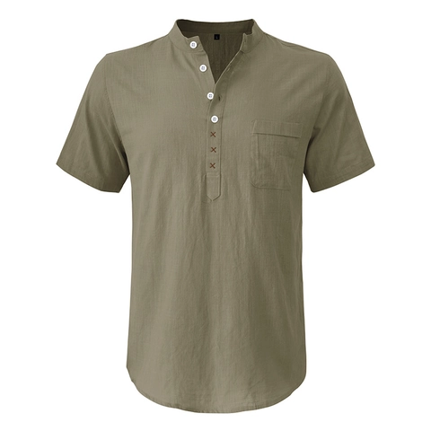 Men's Casual Linen Cotton Henley Shirt Vintage Short Sleeve Stand Collar Beach Shirt With Chest Pocket Solid Color Summer Top
