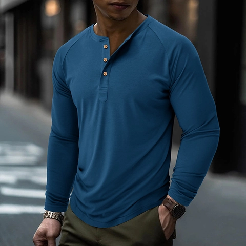 Maglia Henley da Uomo a Maniche Lunghe Slim Fit Raglan Sleeve Misto Cotone Tee Casual Tinta Unita Con Bottoni