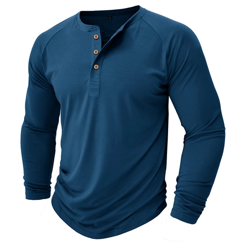 Maglia Henley da Uomo a Maniche Lunghe Slim Fit Raglan Sleeve Misto Cotone Tee Casual Tinta Unita Con Bottoni