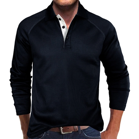 Herren Langarm Polo-Shirt Waffelstrick Raglanärmel Kontrastkragen Atmungsaktives Casual Tops Reguläre Passform Einfarbig Pullover