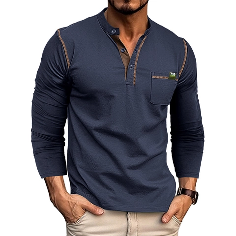 Ανδρικό Henley Shirt Casual Μακρύ Μανίκι Μείγμα Βαμβακιού Patchwork Αντίθετη Ραφή Τσέπη στο Στήθος Κουμπιά Top Ρούχα