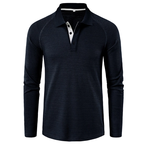 Herren Langarm Polo-Shirt Waffelstrick Raglanärmel Kontrastkragen Atmungsaktives Casual Tops Reguläre Passform Einfarbig Pullover