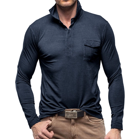 Herren Casual Langarm Polo-Shirt Baumwollmischung Slim Fit Einfarbig Revers Top Mit Brusttasche Feuchtigkeitstransportierend Kleidung