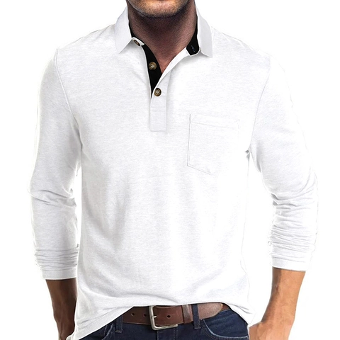 Men's Long Sleeve Cotton Blend Polo Shirt Casual Solid Color Lapel Top Collar Contrast Patchwork Polo Shirt For Men