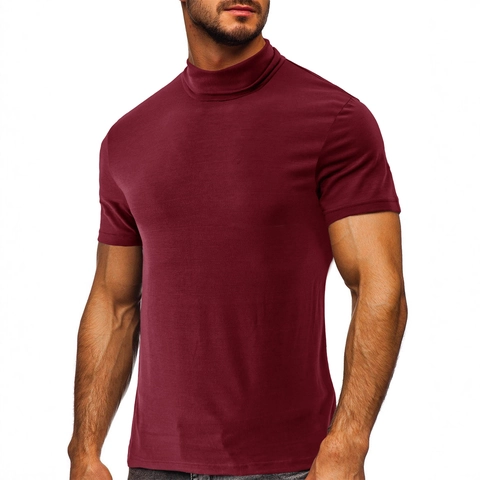 Camiseta de Hombre de Verano con Cuello Alto y Manga Corta Slim Fit Básica de Algodón Color Sólido Camiseta Interior Casual Urbana