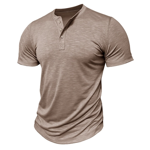 Herren Casual Kurzarm Henley-Shirt Slim Fit Slub-Textur Einfarbig Polyester T-Shirt Retro Sommer Top