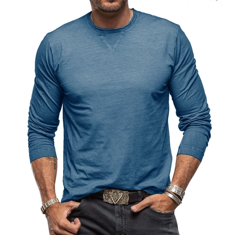 Men's Casual Long Sleeve T-Shirt Cotton Blend V-Stitch Round Neck Solid Color Basic Vintage Style Soft Breathable Top