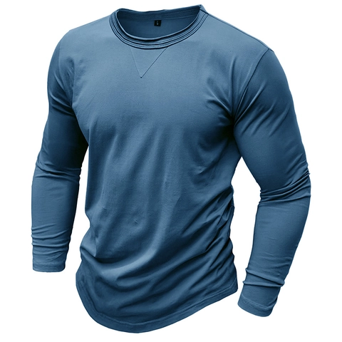 Men's Casual Long Sleeve T-Shirt Cotton Blend V-Stitch Round Neck Solid Color Basic Vintage Style Soft Breathable Top