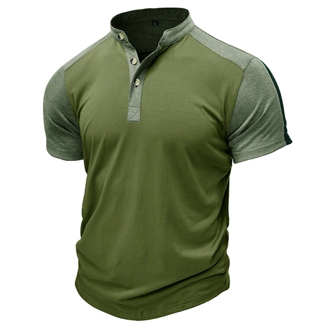 Ανδρικό Βαμβακιό Κοντομάνικο Henley Shirt Slim Fit Χρωματική Αντίθεση Όρθιος Γιακάς T-Shirt Casual Υπαίθριο Αθλητικό Top