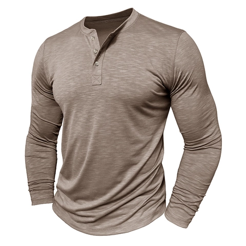 Herren Casual Slim Fit Langarm Henley Shirt Flammgarn Textur Einfarbig Polyester Atmungsaktiv T-Shirt Mode Top Für Männer
