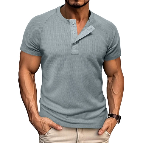 Men's Casual Waffle Knit Henley Shirt Short Sleeve Slim Fit Raglan Sleeve Polyester Solid Color Summer Top