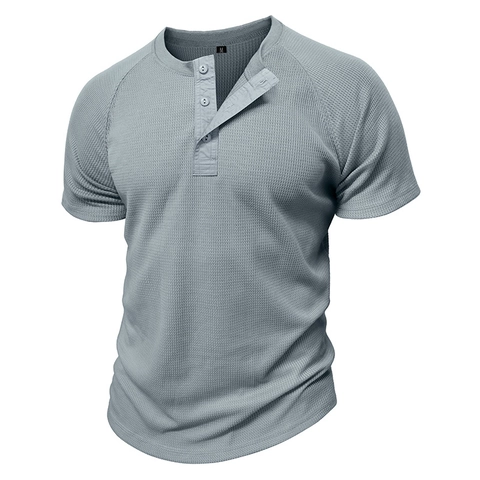 Men's Casual Waffle Knit Henley Shirt Short Sleeve Slim Fit Raglan Sleeve Polyester Solid Color Summer Top