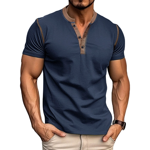 Ανδρική Casual Μπλούζα Henley Μείγμα Βαμβακιού Κοντό Μανίκι Ραφές Αντίθεσης Slim Fit Muscle Top Καλοκαίρι