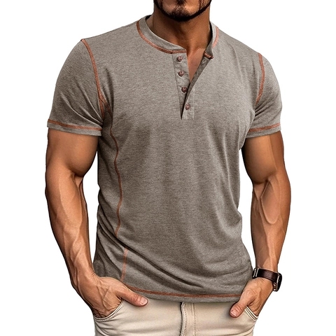 Men's Casual Short Sleeve Henley Shirt Cotton Blend Contrast Stitching Retro Slim Fit Summer Top For Men Everyday Wear