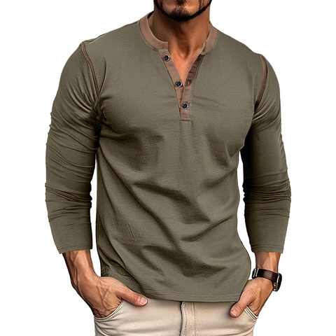 Men's Vintage Long Sleeve Henley Shirt Cotton Blend Contrast Stitching Slim Fit Casual 3-Button Placket T-Shirt Top