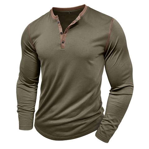 Men's Vintage Long Sleeve Henley Shirt Cotton Blend Contrast Stitching Slim Fit Casual 3-Button Placket T-Shirt Top