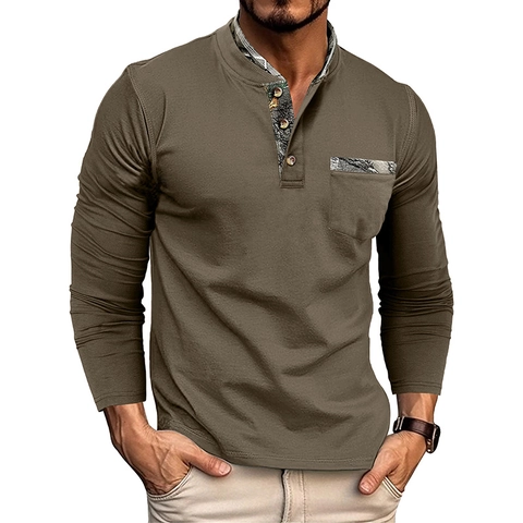 Ανδρικό Πουκάμισο Henley Μακρύ Μανίκι Patchwork Παραλλαγής Στενή Εφαρμογή Μείγμα Βαμβακιού Casual Εξωτερικού Χώρου με Τσέπη
