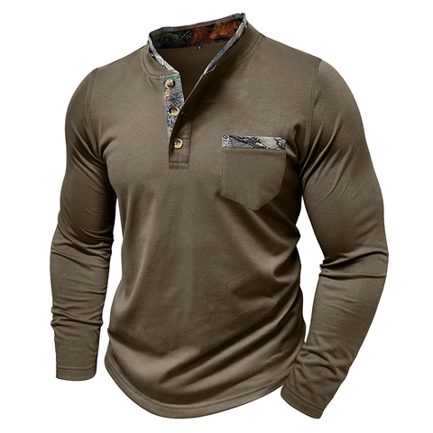 Ανδρικό Πουκάμισο Henley Μακρύ Μανίκι Patchwork Παραλλαγής Στενή Εφαρμογή Μείγμα Βαμβακιού Casual Εξωτερικού Χώρου με Τσέπη