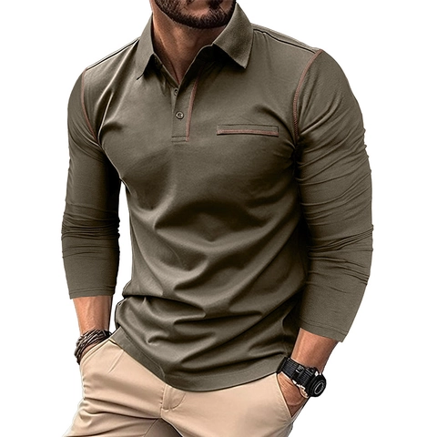 Polo à Manches Longues pour Homme Mélange Coton Surpiqûres Contrastées Patte de Boutonnage Slim Fit Top Business Casual Automne