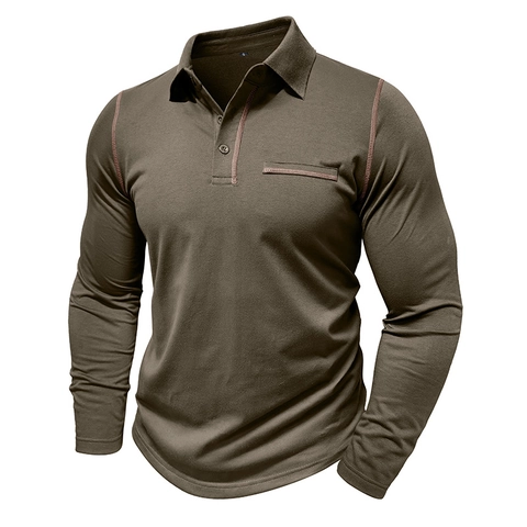 Polo à Manches Longues pour Homme Mélange Coton Surpiqûres Contrastées Patte de Boutonnage Slim Fit Top Business Casual Automne