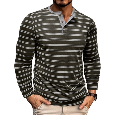 Maglia Henley a Righe a Maniche Lunghe Casual da Uomo in Misto Cotone Slim Fit Top con Bottoni Autunno Inverno Retro Tee