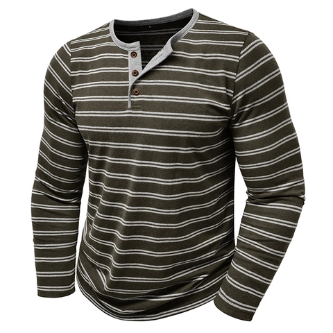 Maglia Henley a Righe a Maniche Lunghe Casual da Uomo in Misto Cotone Slim Fit Top con Bottoni Autunno Inverno Retro Tee