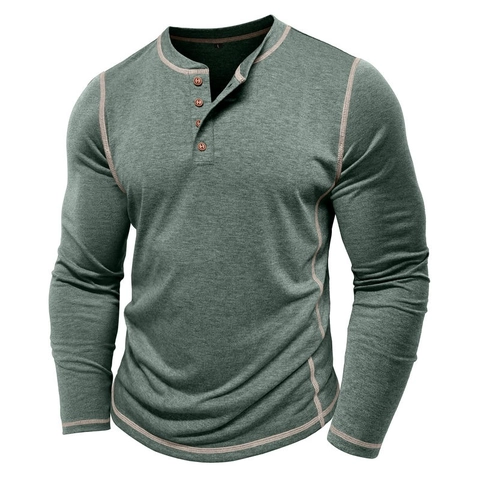 Men's Long Sleeve Henley Shirt Cotton Blend Contrast Stitching Slim Fit Breathable Casual Tee For Autumn Winter Daily Wear