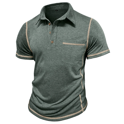 Herren American Vintage Polo Shirt Kontrastnähte Kurzarm Sommer Top Mit Tasche Holzknöpfe Atmungsaktiv Casual Wear