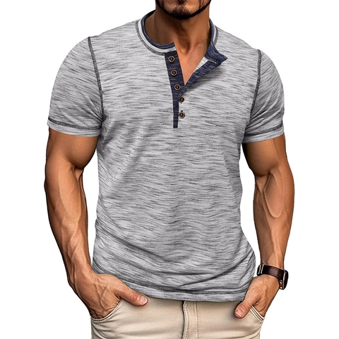 Men Henley Shirt Heathered Short Sleeve Poly Cotton Blend Button Down Casual Slim Fit Contrast Stitching Top