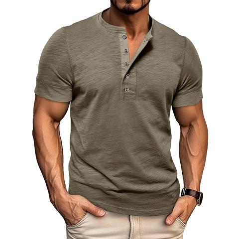 Camiseta Henley para Hombre Muscle Slim Fit Manga Corta Algodón Textura Slub Transpirable Casual Verano Tee Hombre Solid Estilo Vintage