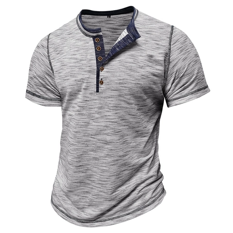 Men Henley Shirt Heathered Short Sleeve Poly Cotton Blend Button Down Casual Slim Fit Contrast Stitching Top