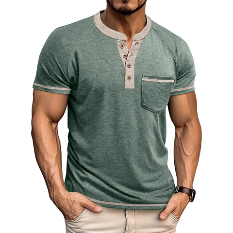 Ανδρικό Henley T-Shirt με Αντίθεση Πολυεστέρας Ραγιόν Μελανζέ Κοντό Μανίκι Ραγκλάν Casual Vintage Στυλ για Άνδρες