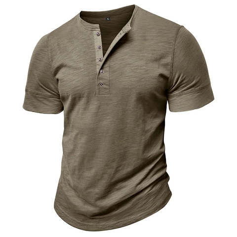 Camiseta Henley para Hombre Muscle Slim Fit Manga Corta Algodón Textura Slub Transpirable Casual Verano Tee Hombre Solid Estilo Vintage