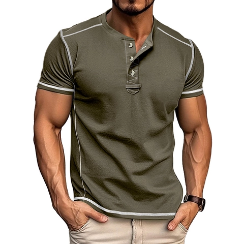 Men's Short Sleeve Henley Shirt Cotton Blend Contrast Stitching Three Button Placket Slim Fit Casual Vintage Athletic Top
