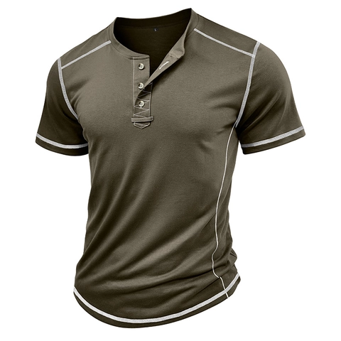 Men's Short Sleeve Henley Shirt Cotton Blend Contrast Stitching Three Button Placket Slim Fit Casual Vintage Athletic Top