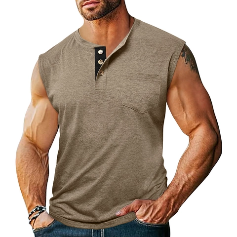 Herren Ärmellos Henley Tank Top Lässig Polyester Viskose Mischung Fitness Weste Mit Brusttasche Kontrastfarbene Knopfleiste Melierter Strick Sportliches Top
