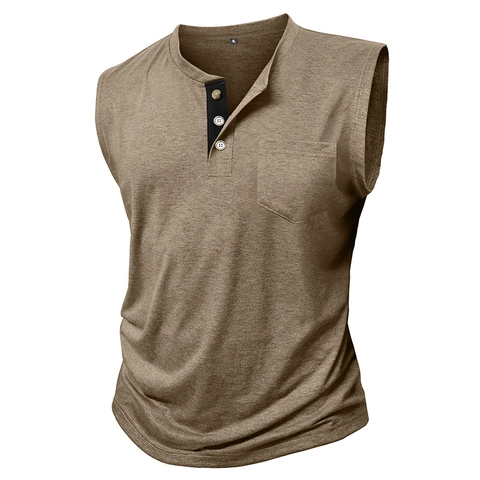 Herren Ärmellos Henley Tank Top Lässig Polyester Viskose Mischung Fitness Weste Mit Brusttasche Kontrastfarbene Knopfleiste Melierter Strick Sportliches Top
