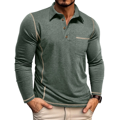 Polo à Manches Longues pour Hommes Surpiqûres Contrastées Mélange Polyester Viscose Décontracté Revers Top Poche Boutons en Bois Mode Urbaine