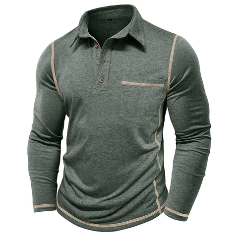 Polo à Manches Longues pour Hommes Surpiqûres Contrastées Mélange Polyester Viscose Décontracté Revers Top Poche Boutons en Bois Mode Urbaine