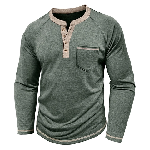Camiseta Henley de Manga Larga para Hombre Color de Contraste Manga Raglán Top Con Bolsillo Casual de Mezcla de Poliéster y Viscosa