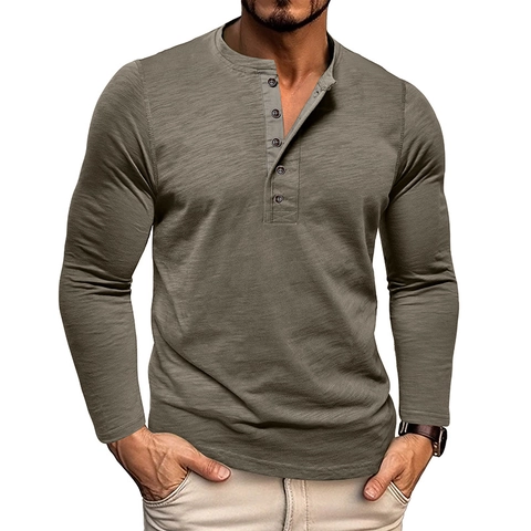 Camicia Henley da Uomo in Cotone Slub Retrò Manica Lunga Girocollo Cinque Bottoni Casual Slim Fit Maglietta Top da Uomo