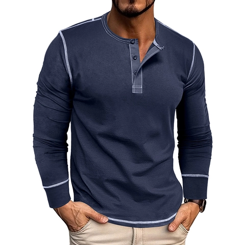 Herren Langarm Henley Shirt Kontrastnähte Baumwollmischung Casual T-Shirt Atmungsaktives Top American Vintage Daily Wear