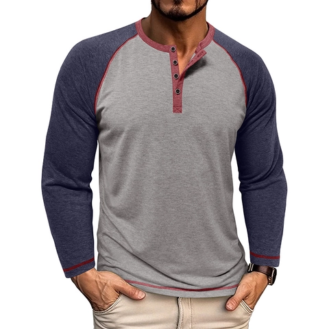Herren Vintage Henley Shirt Raglan Langarm Kontrastfarbe Patchwork Polyester Viskose Elasthan Mischung Lässige Alltag Tops