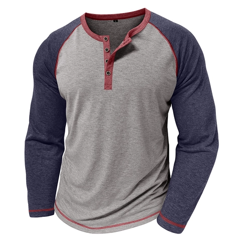 Herren Vintage Henley Shirt Raglan Langarm Kontrastfarbe Patchwork Polyester Viskose Elasthan Mischung Lässige Alltag Tops