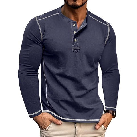 Men's Long Sleeve Henley T-Shirt Cotton Blend Casual Vintage Top With Contrast Stitching Solid Color Retro Workwear Style