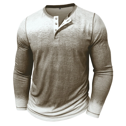 Herren Retro Gradient Henley Shirt Langarm Polyestermischung Atmungsaktiv Casual Slim Fit Muskel Tee Ombre Knopfhals Top
