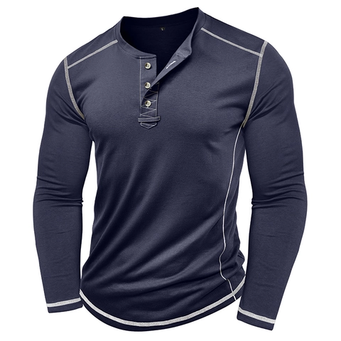 Men's Long Sleeve Henley T-Shirt Cotton Blend Casual Vintage Top With Contrast Stitching Solid Color Retro Workwear Style