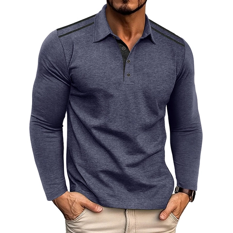 Ανδρική Μακρυμάνικη Μπλούζα Polo Slim Fit Με Αντίθετη Λωρίδα Ώμου Πλεκτή Μπλούζα Μείγμα Πολυεστέρα Βισκόζης Casual Φθινόπωρο