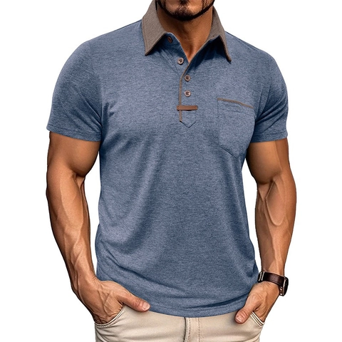Herren Casual Kurzarm Polo Shirt Farblock Patchwork Kontrast Umlegekragen Atmungsaktiv Strick Top Mit Brusttasche